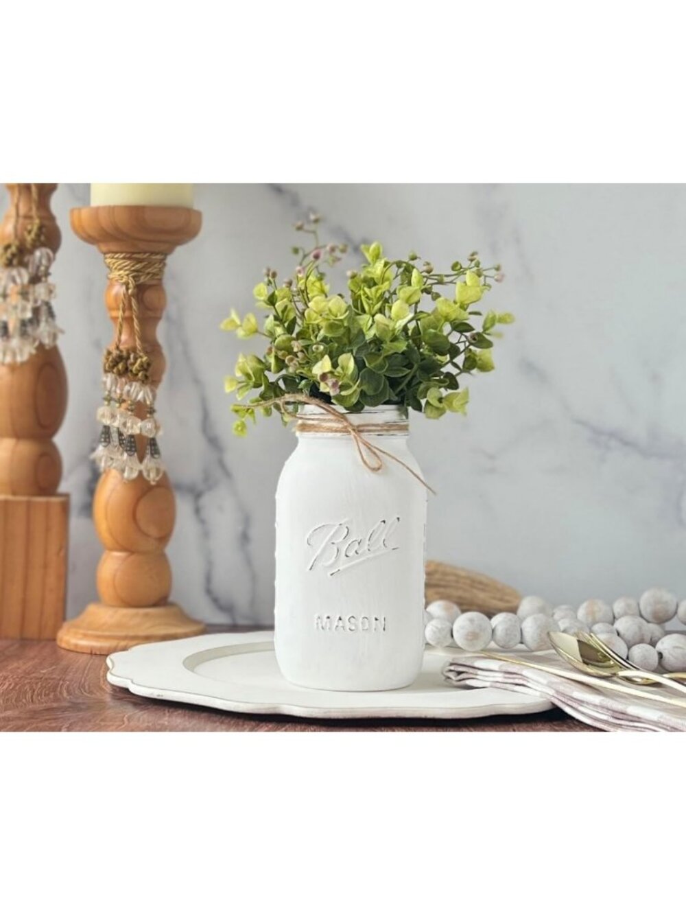 Rustic Farmhouse Mason Jar Centerpiece with Flowers | 10" Dining Table Decor - Picture 7 of 8